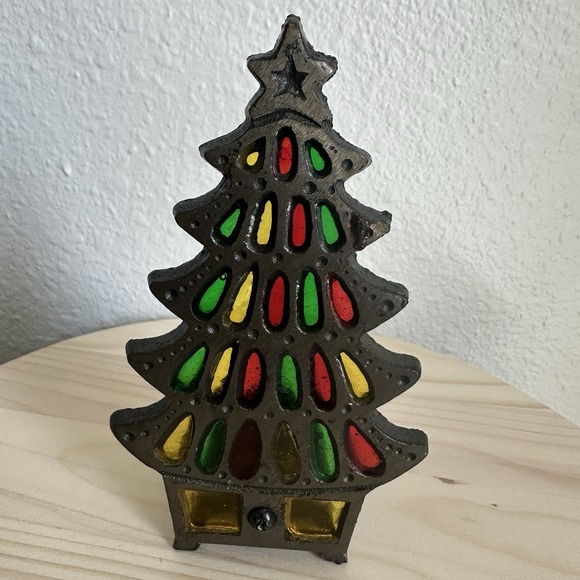 Vintage Christmas Tree Votive Tea Light Candle Holder 6" Stained Glass Cast Iron - Picture 1 of 10